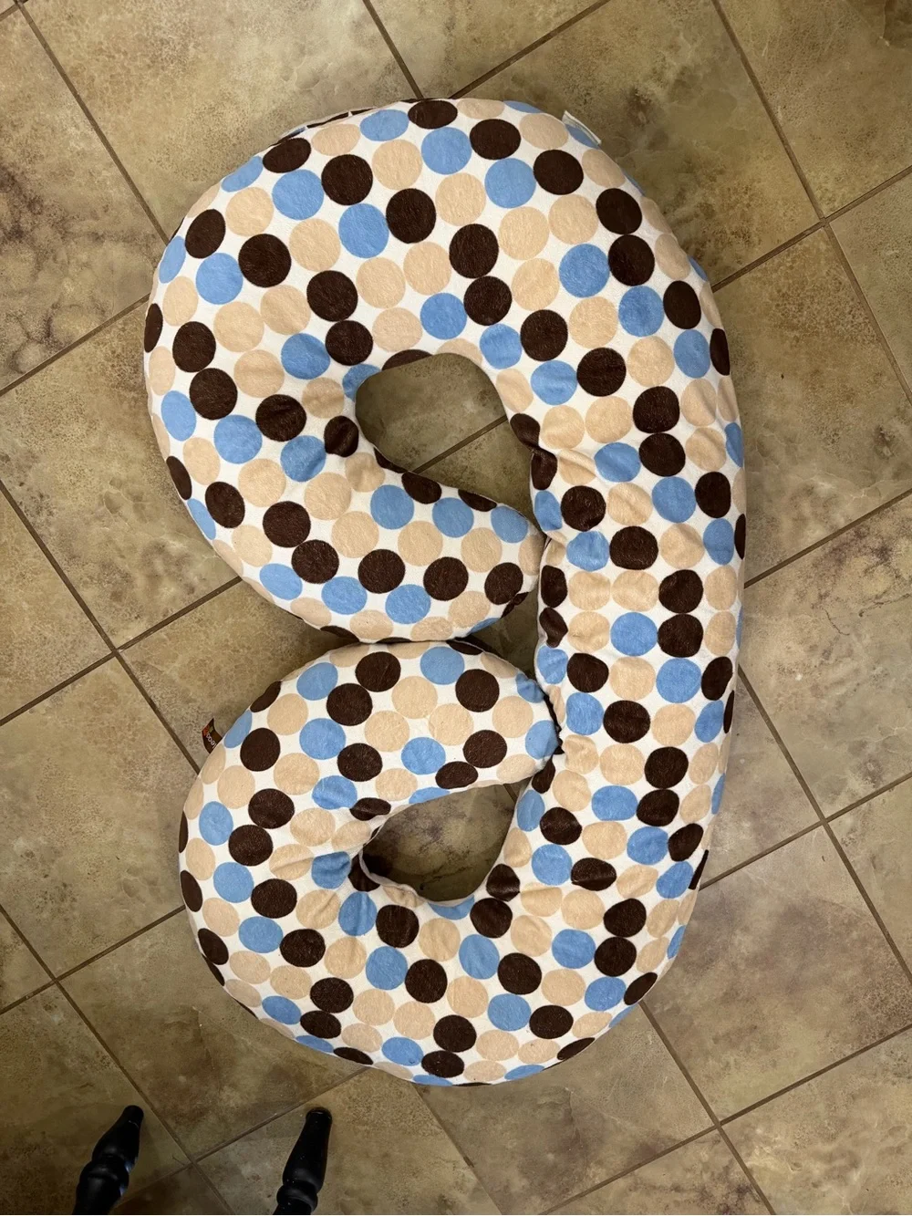 Leachco C-Shaped Body Pillow in Blue, Brown & Cream Polka Dot